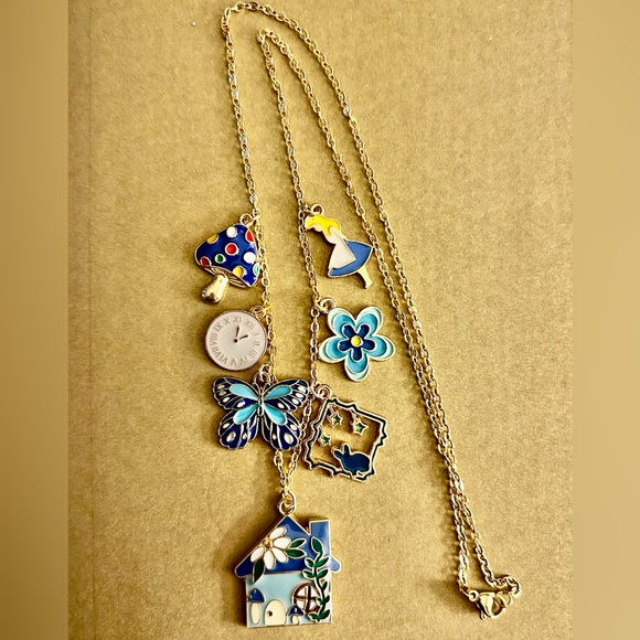 Handmade Jewelry - NWOT Necklace Alice in Wonderland, blue enamel charms rabbit, flower, cat… 21”